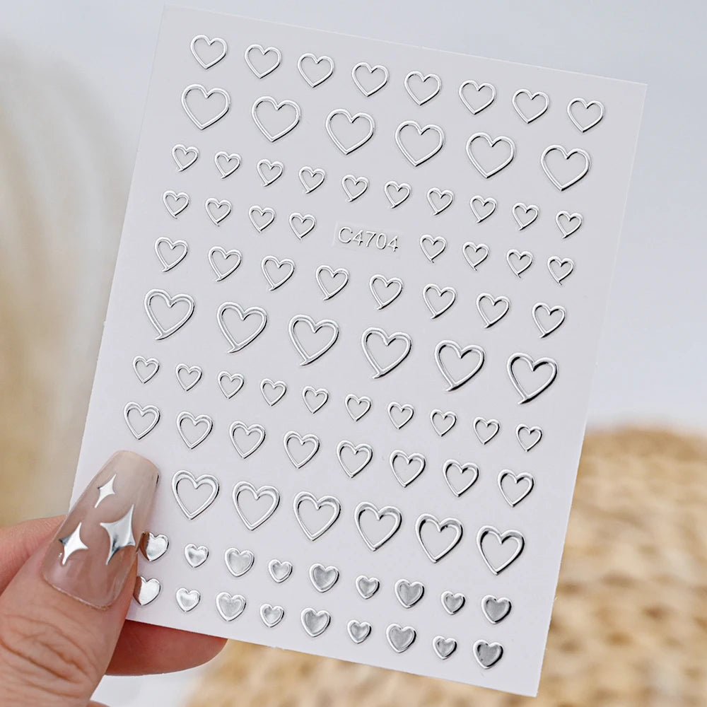 6 Sheets Metal Silver Nail Stickers Metallic 3D Star Nail Art Stickers Decals Self-Adhesive Nail Art Stickers Metal Chain Heart