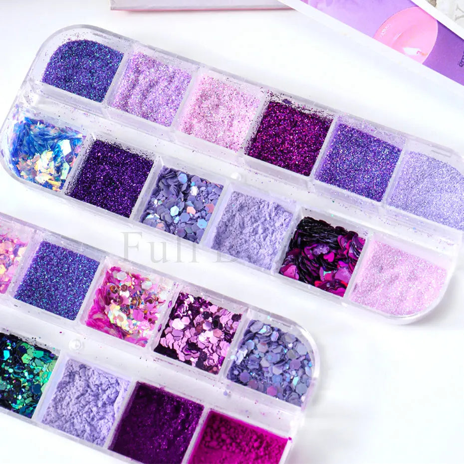 12 Grids Purple Nail Glitter Holographic Fine Sugar Nail Powder Mixed Heart Hexagon Paillette Nail Flakes Shiny Manicure Decor