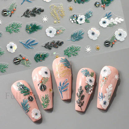 5D Blue Snowflakes Stickers for Nails Aurora Christmas Flowers Leaf Sliders New Year Adhesive Decals Xmas Manicure Decor Tips