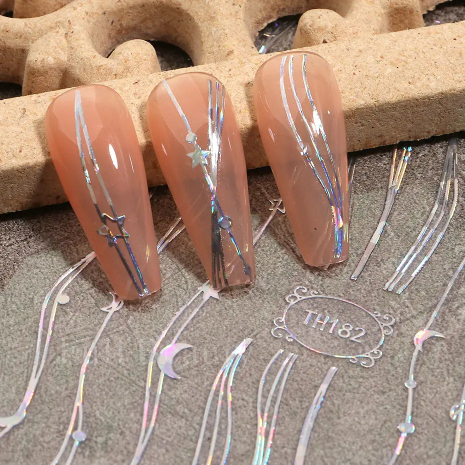 3D Holographic Silver Wave Lines Nail Sticker Decor Laser Heart Star Moon Adhesive Sliders Metal Geometry Stripe Manicure TH182