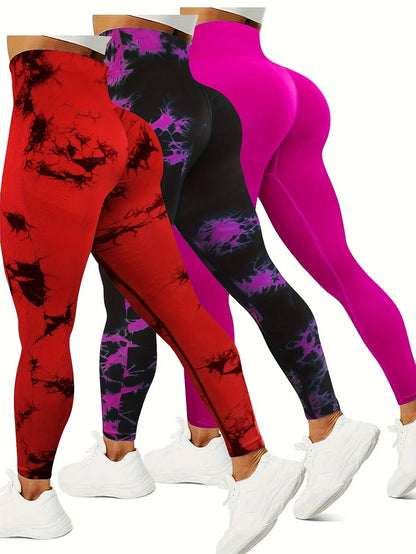 3pcs Tie Dye Sports Yoga Leggings, Seamless High Waist Tight Pants, Women's Activewear