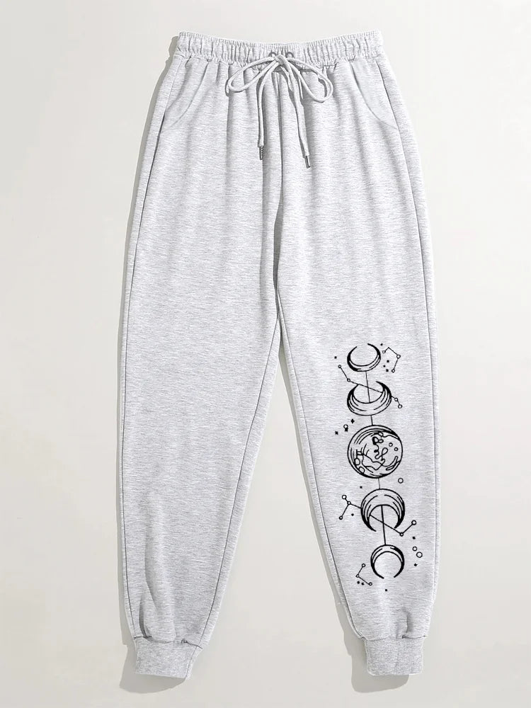 Cartoon Planets Print Solid Joggers Sweatpants, Sports Pants For Winter & Fall, Women's Clothing