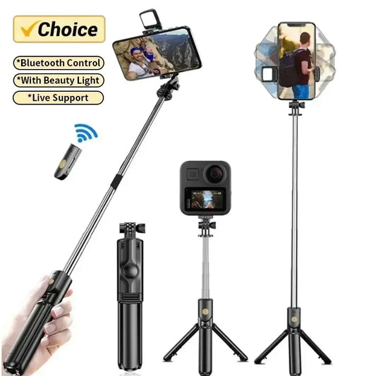 Selfie Stick Wireless Tripod Stand with Light Bluetooth Remote Extendable Tripod for iPhone Mobile Phone Tiktok Live Streaming