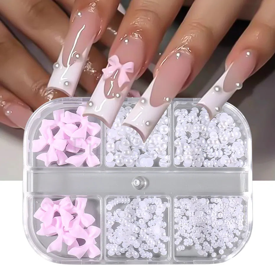 6 Grids Pink Ribbon Bow Mixed Flat Bottom Pearl Nail Charms Decorations 3D Resin Flower Design DIY Korean Manicure Nails Parts