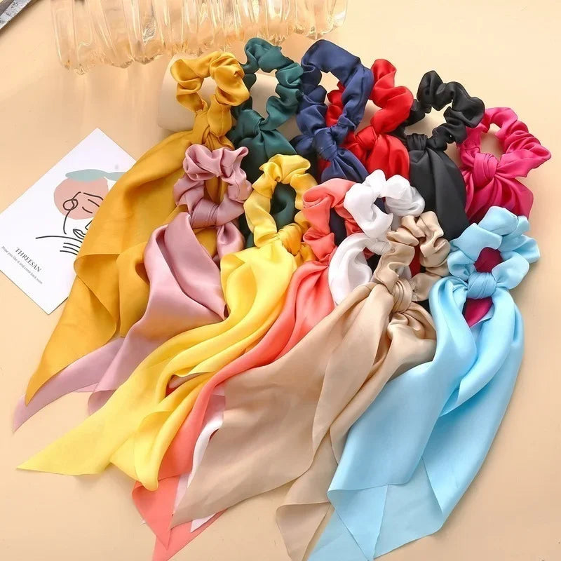 Floral Print Bow Satin Long Ribbon Ponytail Scarf Hair Tie Scrunchies Women Girls Elastic Hair Bands Hair Accessories