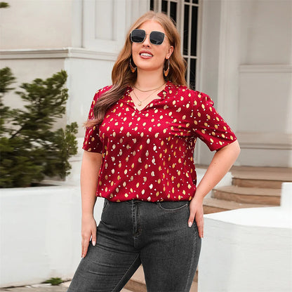 GIBSIE Plus Size Gold Print V-Neck Blouse For Women Fashion 2023 New Summer Short Sleeve Sweet Casual Streetwear Tops Blouses