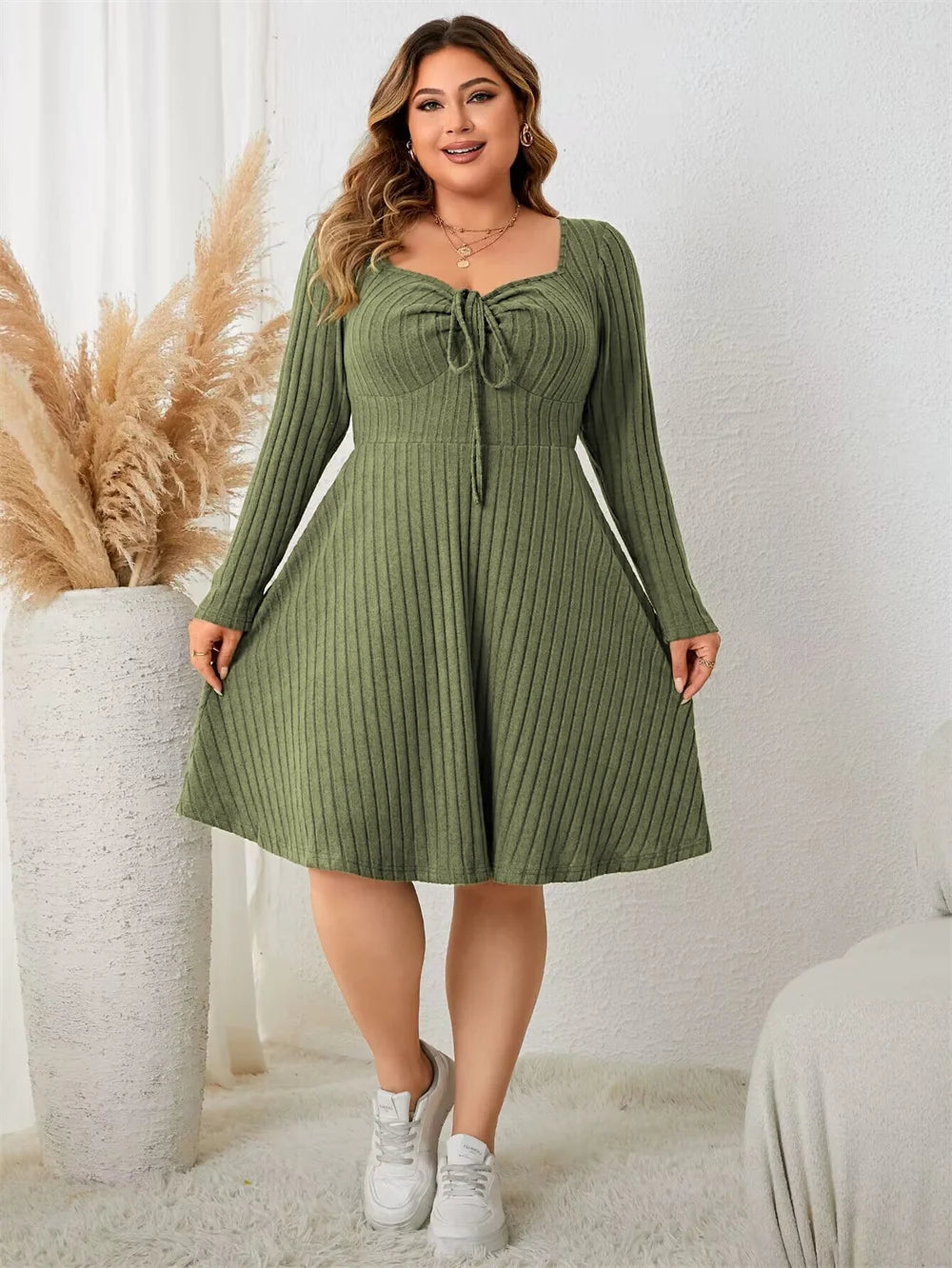 GIBSIE Plus Size Sweettheart Neck Knot Front A-Line Dress Women Fall New Vintage Long Sleeve Ribbed Knit Casual Winter Dresses