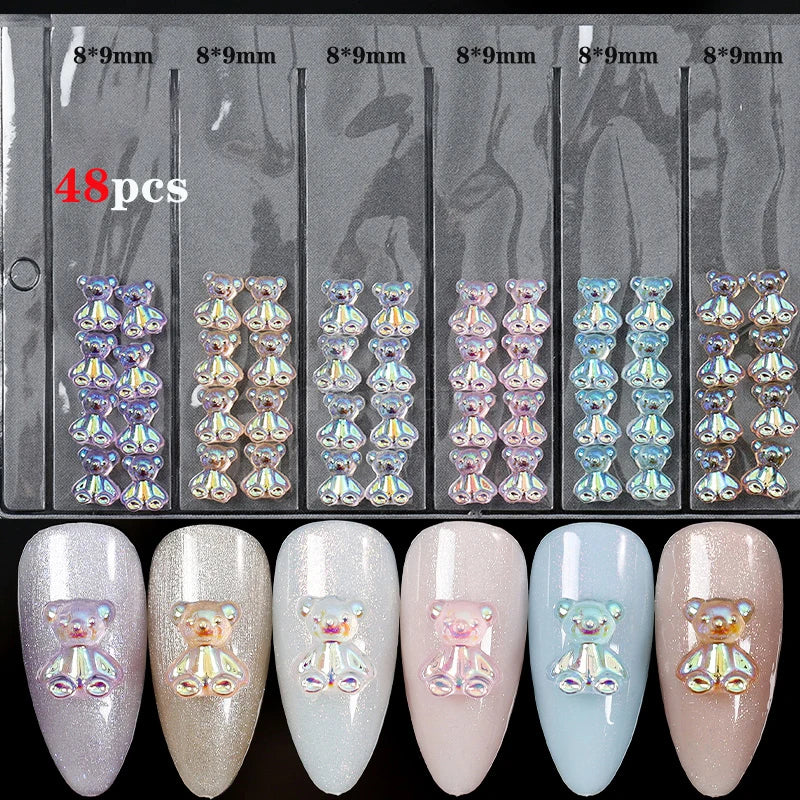 48pcs Mixed Size Aurora Little Bear Nail Art Accessories Resin Kawaii Bear Stereo FlatBack 3D Fashion Fingernail DIY Decoration