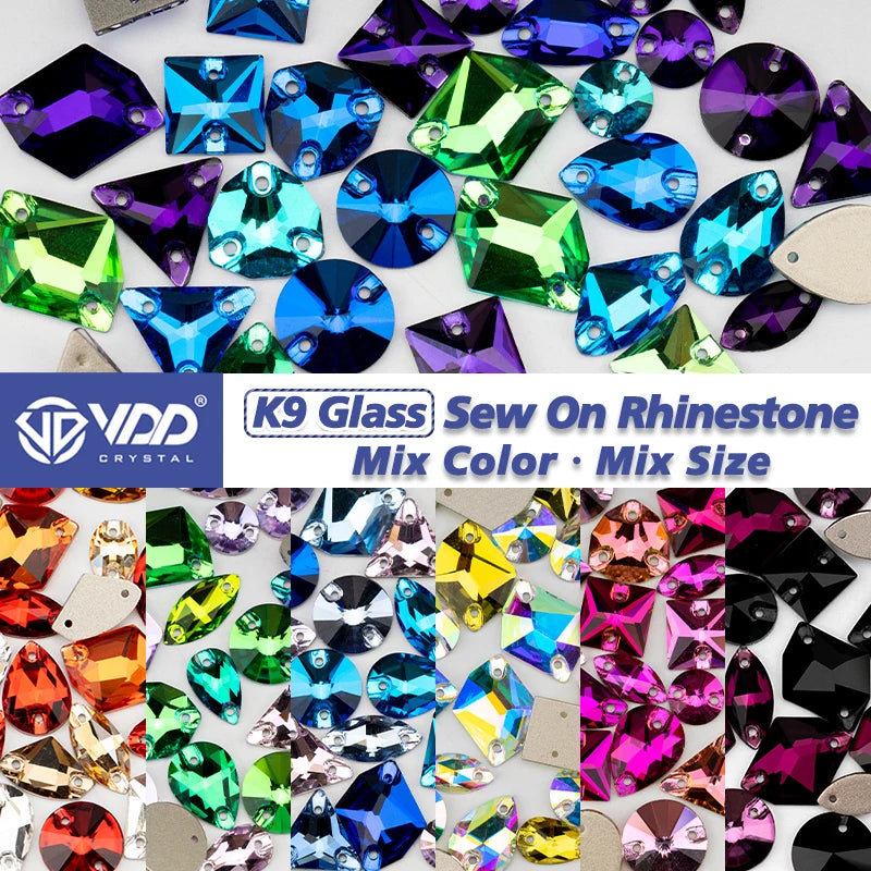 VDD 20/50Pcs Mix Size AAAAA K9 Glass Sew On Rhinestones Sewing Crystal AB Flat Back Stones For Clothes Accessories Wedding Dress