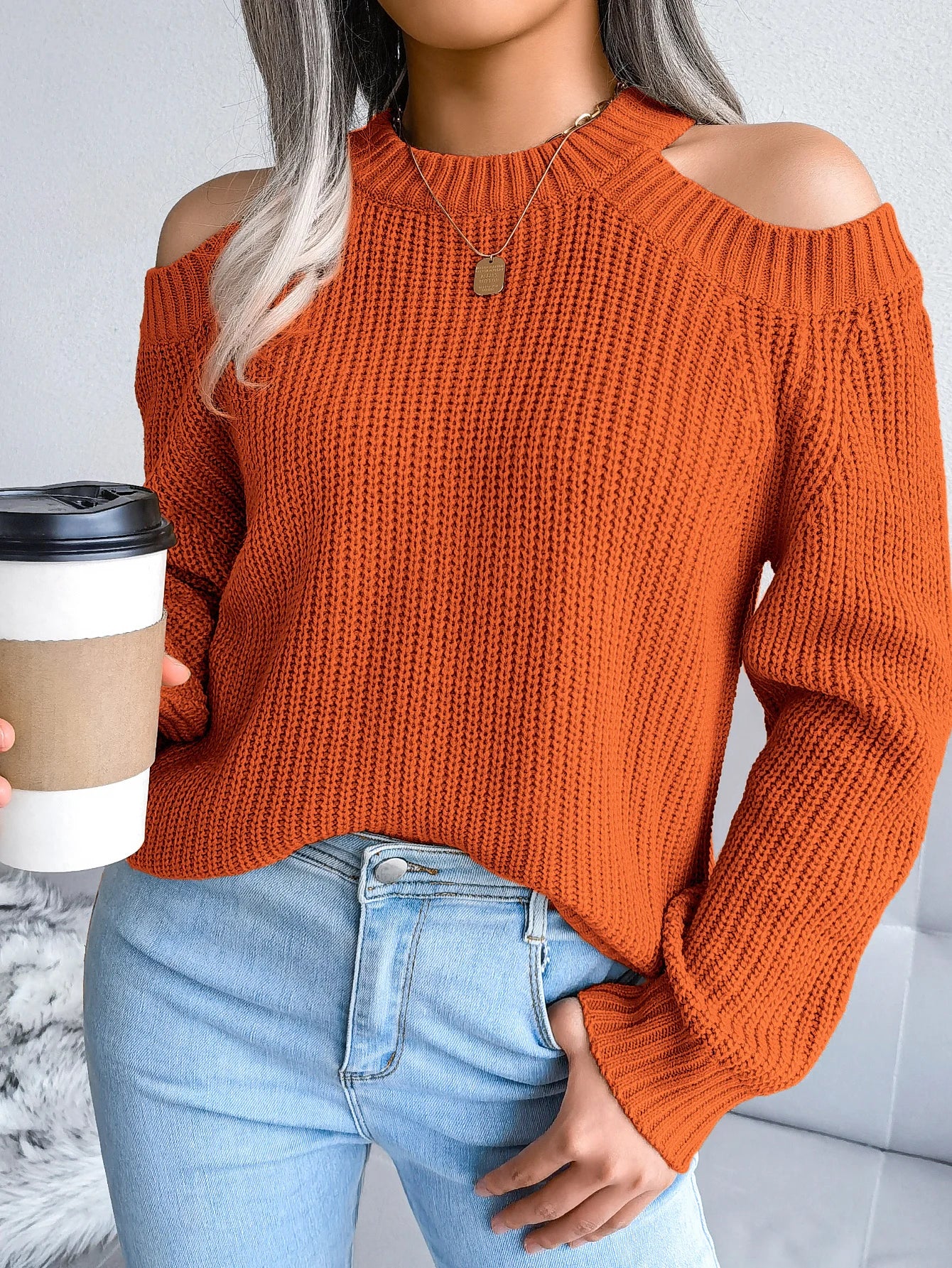 Autumn Winter Casual Solid Color Crew Neck Off Shoulder Long Sleeve Knitted Pullover For Women Sweater Top