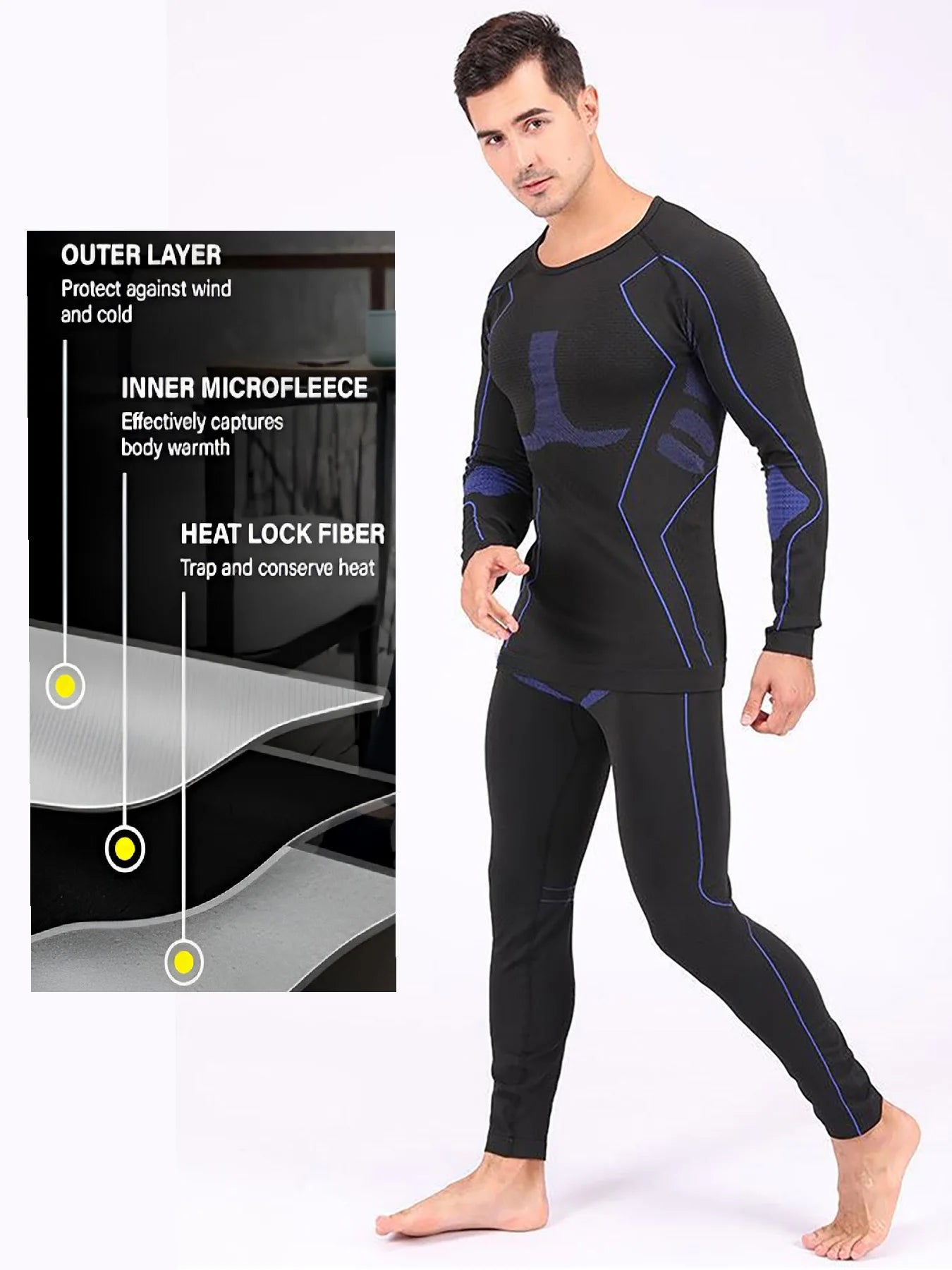 2 pieces of men's thermal underwear set, quick-drying long-sleeved top and comfortable high-elastic breathable tights, suitable