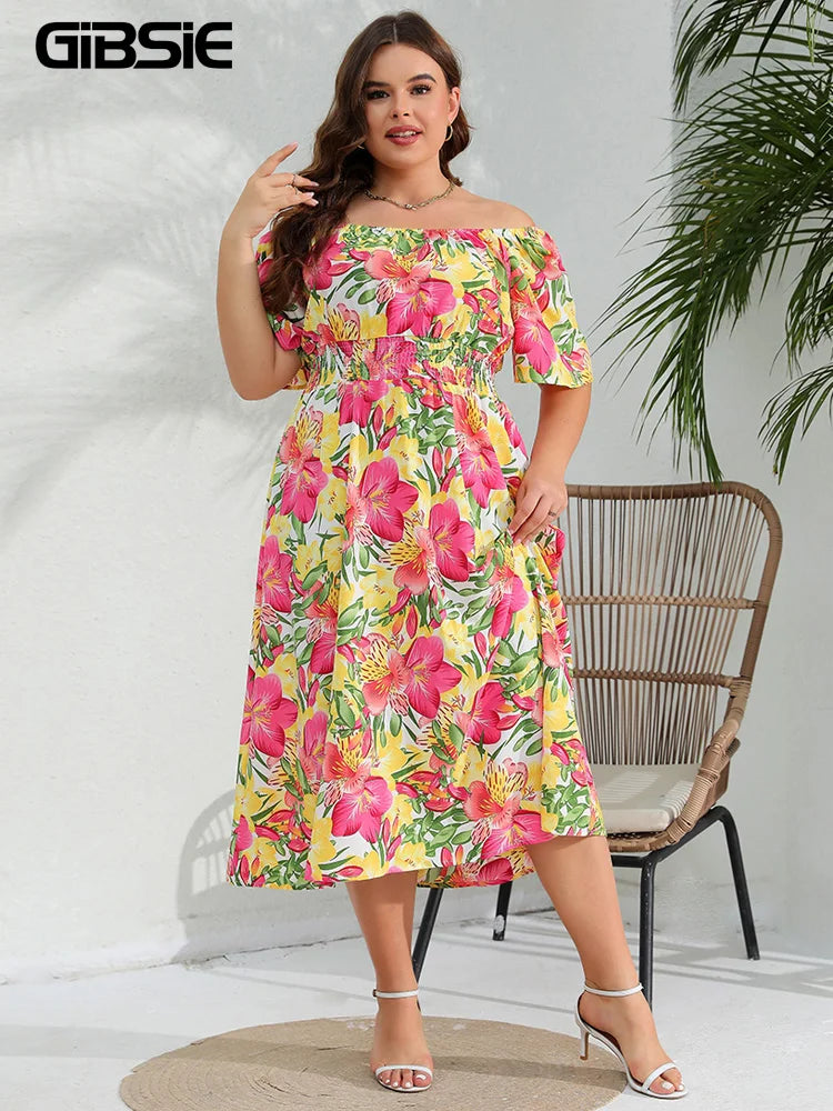 GIBSIE Plus Size Off Shoulder Floral Print Boho Dress Women Summer Short Sleeve Beach Casual A-line Holiday Long Dresses 2024