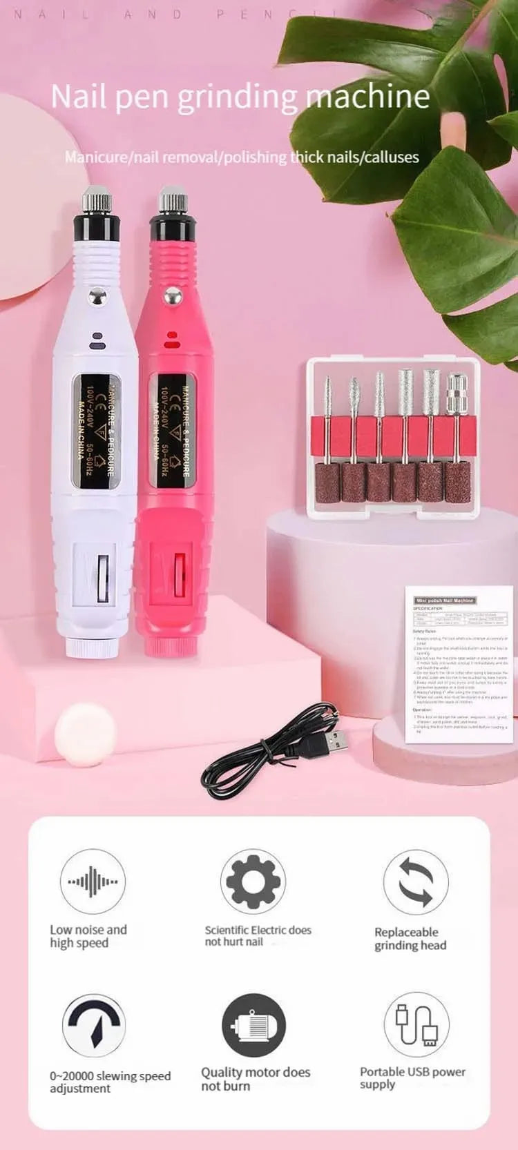 Fushia Pink USB Electric Nail Drills Kit Remove Polish Manicure Pedicure 6pcs Nail File Sanding Bands Machine Nail Art Pen