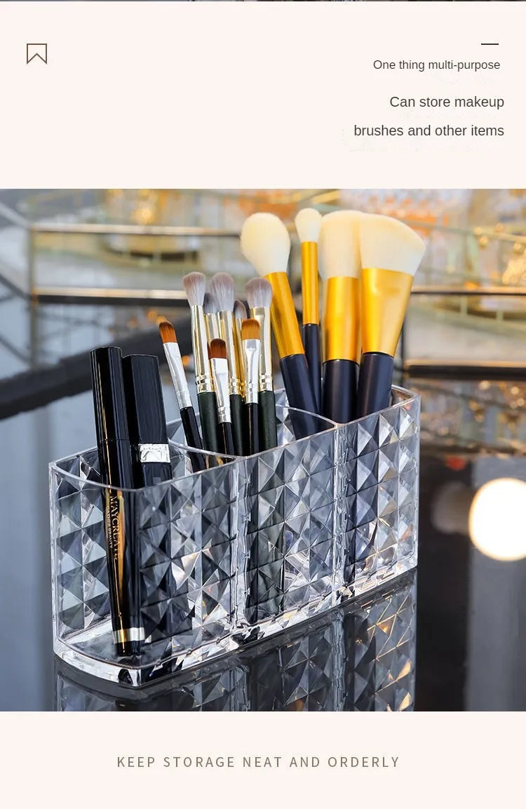 1Pcs Clear Acrylic Triple Grid Makeup Brush Holder Desk Cosmetic Organiser Lipstick Storage Box Bathroom Display Stand Diamond