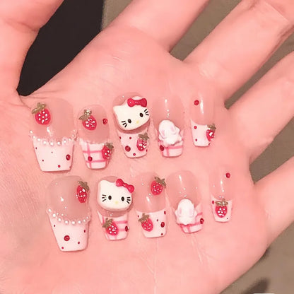 Kawaii Cute Sanrio Hello Kitty Handwork Press-on Nails Anime Sweet Detachable Fake Nails Schoolgirl Accessory Festivals Gift