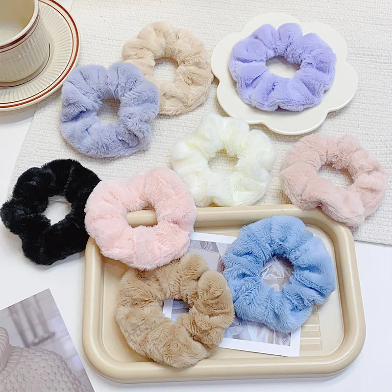 Solid Soft Plush Wide Hair Band For Women Girls Ponytail Holder Hair Tie Fluffy Rubber Band Scrunchie Fashion Hair Accessories