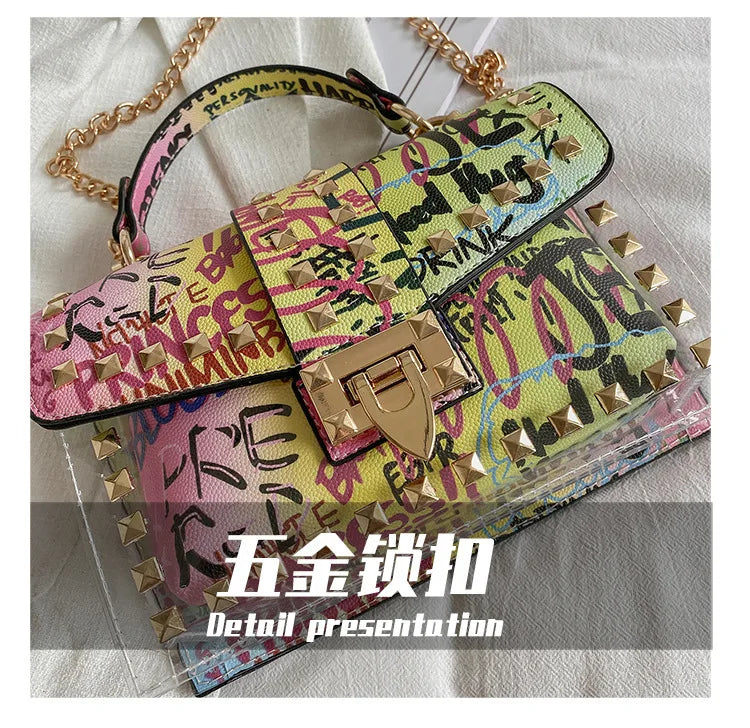 Brand Women Studded Graffiti Crossbody Bags Fashion Shoulder Bag For Ladies Female Luxury Designer Handbags 2023 High Quality