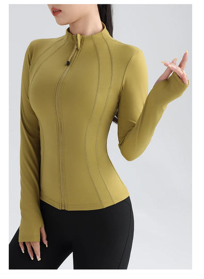 Gym Women's Full Zip Yoga Top With Thumbholes Fitness Running Jacket Stretch Fit Long Sleeve Round Neck Top Sportswear