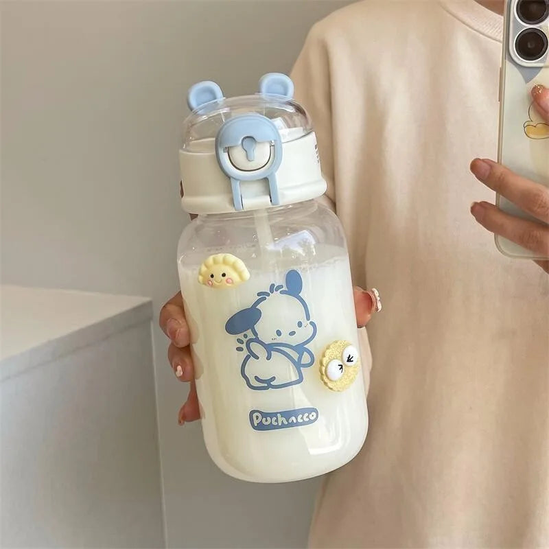 500ML Sanrio Hello Kitty Pochacco Transparent Straw Cup Anime Cartoon Kuromi Cinnamoroll For Kid Kawaii Bottle Water Cup Gifts