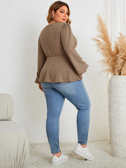 GIBSIE Plus Size Casual V Neck Twist Front Peplum Top Women Fashion 2023 Autumn New Vintage Full Lantern Sleeve Tunic Blouse