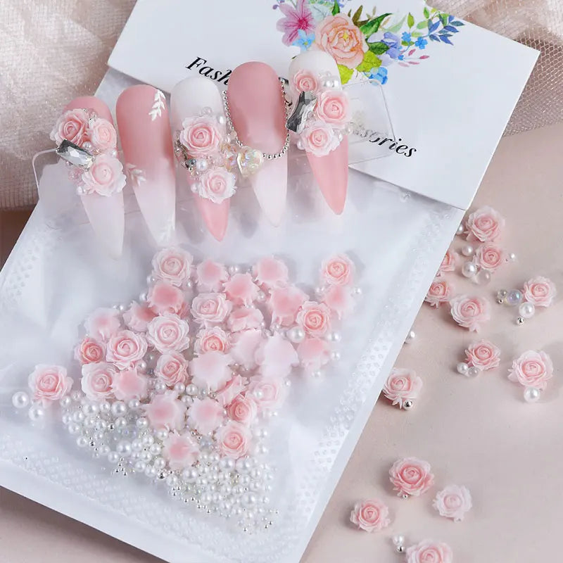 30Pcs Pink Rose Flower 3D Nail Rhinestone Decoration Nail Jewelry Colorful Mixed Pearl Beads Charms Valentine's Nail Arts Supply