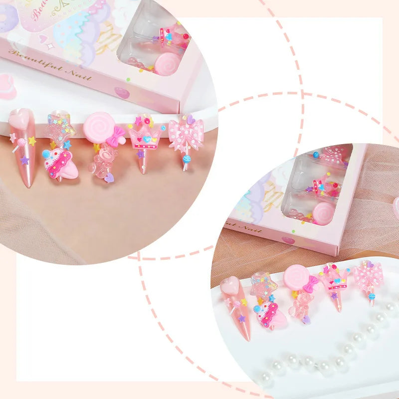 24pcs 3D Resin Candy Bow Star Decor False Nails Long Ballet Pink Press on Nails for Girls Full Cover Wearable Fake Nail Patches