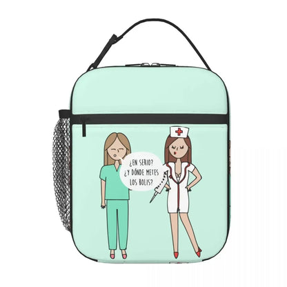 Cartoon Ladies Nurse Doctor Printed Portable Lunch Box for Women Multifunction Cooler Thermal Food Insulated Lunch Bag