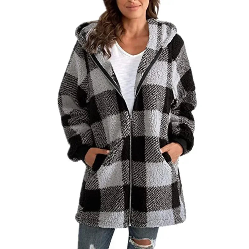 Fashion simple autumn and winter plush women's coat new long sleeve plaid thick warm hooded zipper with pocket loose coat