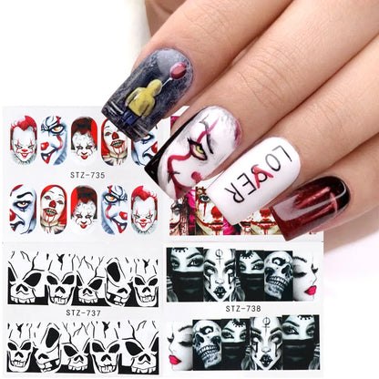 4pcs Clown Skull Bone Nail Stickers Cute Anime Sliders Halloween Water Decals Nail Art Decorations Manicure Wraps LASTZ735-738