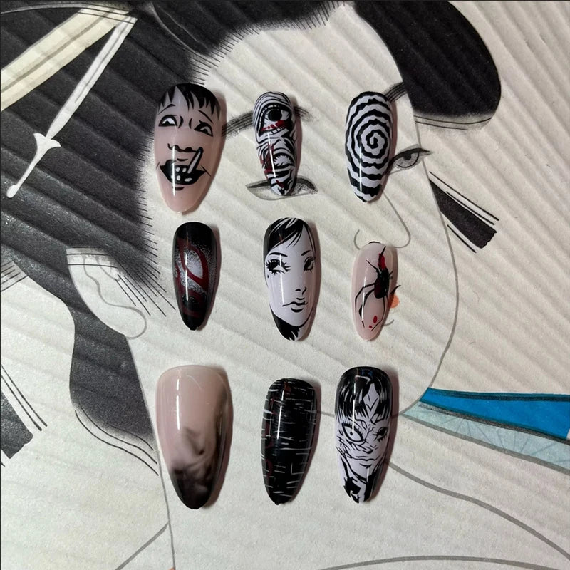 24Pcs Horror Comic Halloween False Nail Tomie Press on Nails Almond Glossy Black Japanese Anime Nails Reusable Tips for Girls