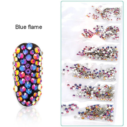 1728 Pcs/bag SS4-SS12 6-Sizes Mixed Round Nail Drill Adhesive Flat-bottomed Crystal Glass Mobile Phone Case Iron Diamond Mater