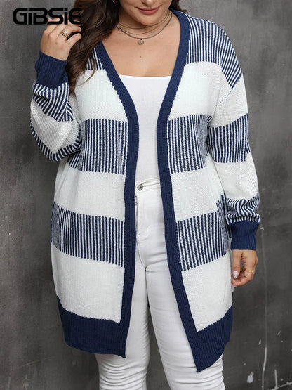 GIBSIE Plus Size Women's Cardigan Contrasting Color Striped Open Front Knitted Sweater Fall Winter Casual Long Cardigan Coat