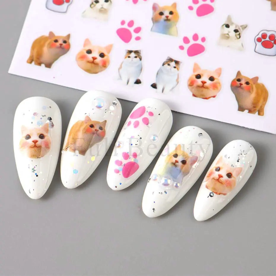 Lovely Cat 3D Nail Decals Cartoon Cute Pink Cat Claw Kitten Self Adhesive Slider Nail Art Sticker Kawaii Animals Manicure Decor