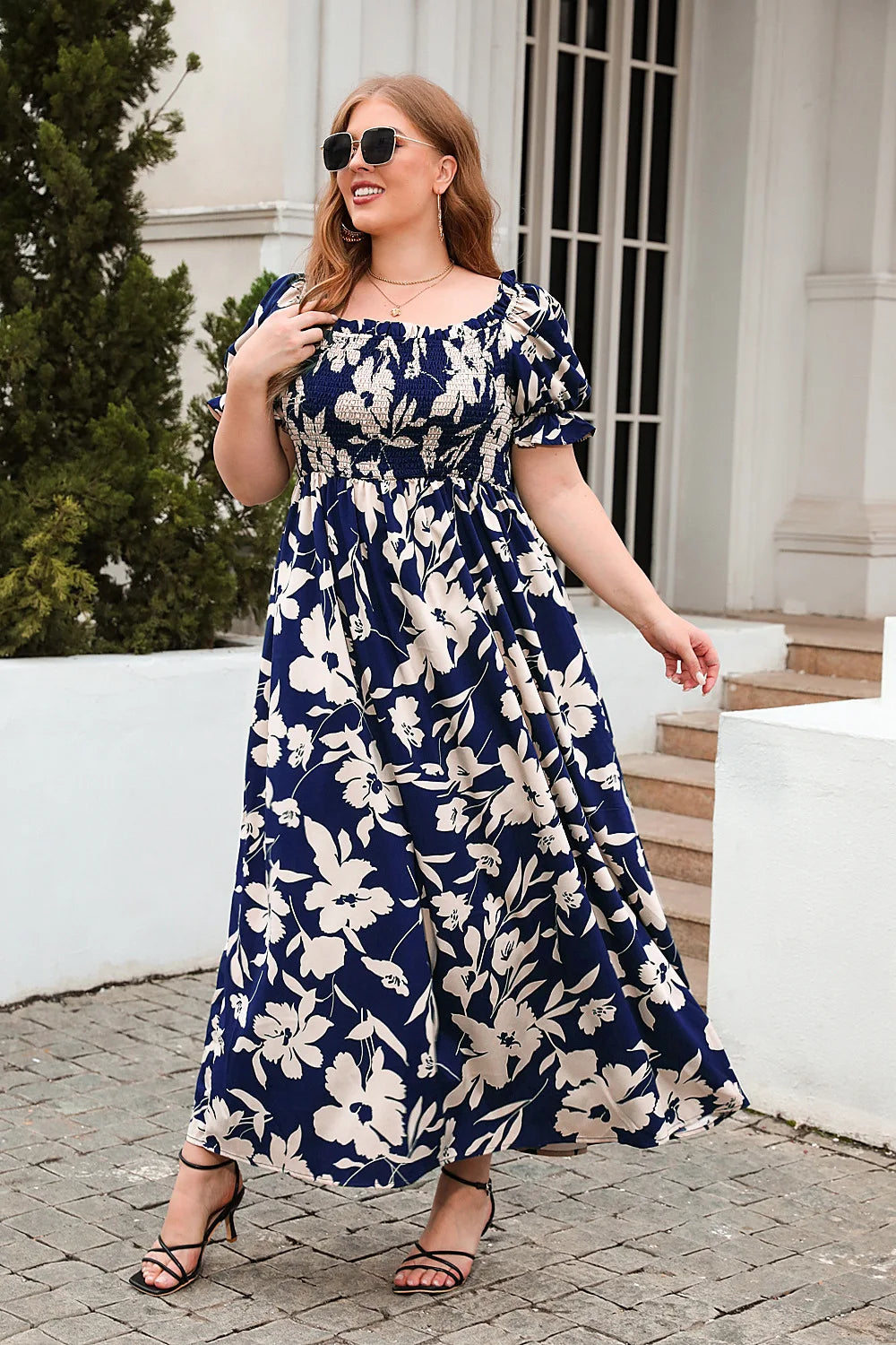 GIBSIE Plus Size Square Neck Floral Print Puff Sleeve Dress Women Summer 2024 Vacation Beach Bohemian Swing Long Maxi Dresses