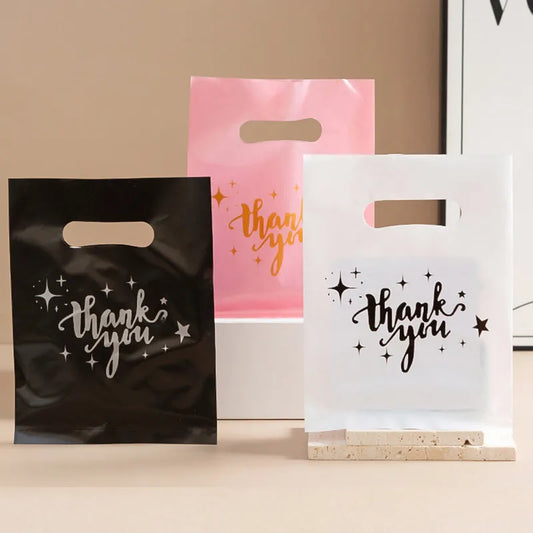 10 PCS Black Thank You Gift Bags With Handle Plastic Pink Packing Bag For Small Business Wedding Birthday Shopping Storage Bag