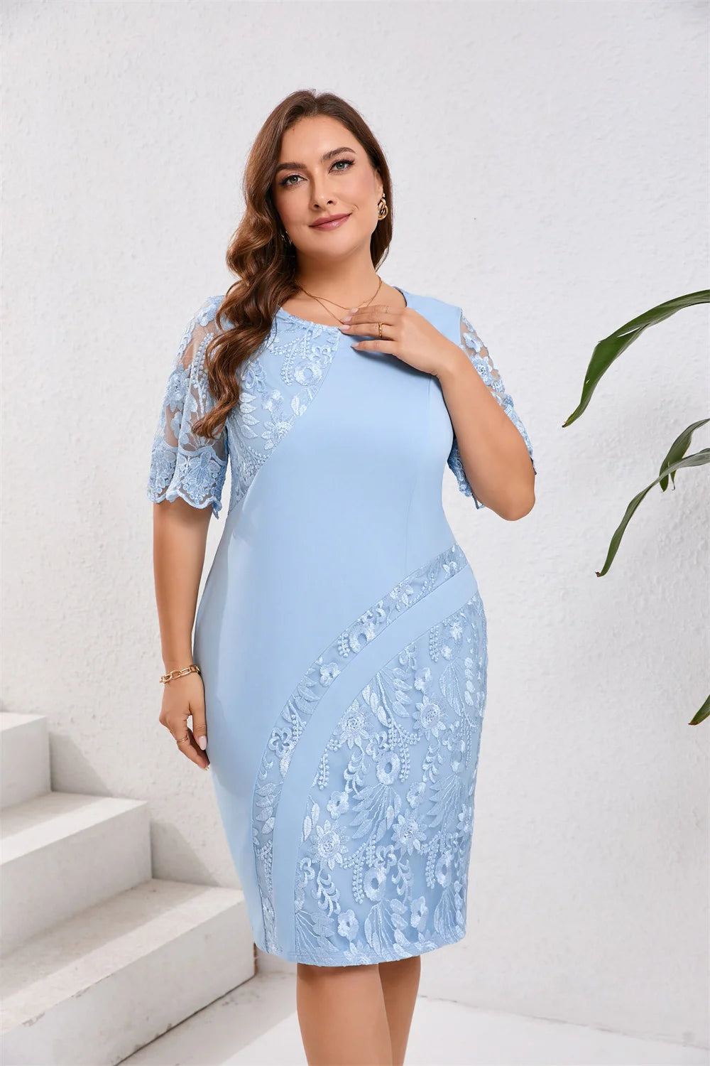 GIBSIE Plus Size Embroidered Lace Half Sleeve O-Neck Dress Women's Summer Autumn Cocktail Party Elegant Bodycon Midi Dresses