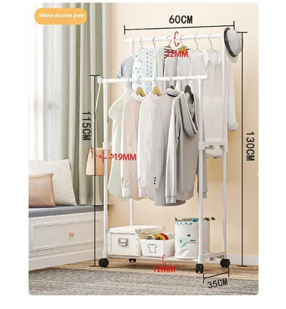 Coat Rack Movable Double Clothes Shelf Simple Rod Clothes  Floor-Standing Bedroom Telescopic Floor Hangers Storage Coat Rack