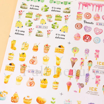 Sweet Desserts Nail Art Water Transfer Decals Stickers Mix Macaron Cake Candy Drink Ice Cream Cartoon Sliders Wholesale LABN2701