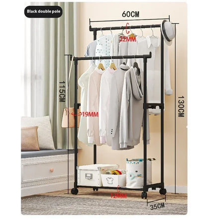 Coat Rack Movable Double Clothes Shelf Simple Rod Clothes  Floor-Standing Bedroom Telescopic Floor Hangers Storage Coat Rack