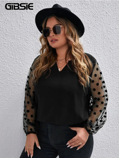 GIBSIE Plus Size Notch Neck Polka Dot Mesh Sleeve Blouse Women 2023 Winter New Black Elegant Office Ladies Tops and Blouses