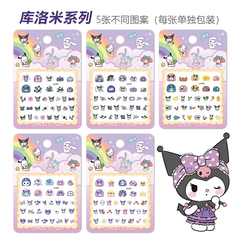 5pcs/set Luminous Kuromi 3D Nail Stickers Sanrio Melody Hello Kitty Nail Art Decoration Stickers Kids Fun Anime Manicure Decals