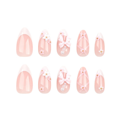 24Pcs Pink French Press on Nails 3D Bow Flower Pearl Design False Nails Short Almond Fake Nails Wearable Full Cover Nail Tips