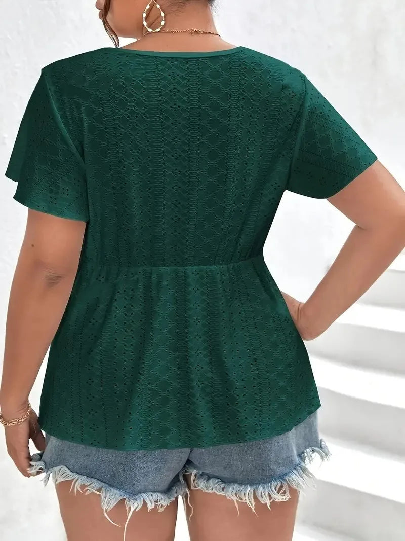 GIBSIE Plus Size Dark Green Contrast Lace V Neck Blouse Women Holiday Butterfly Sleeve Summer Casual OL Female Blouses Tops 2024