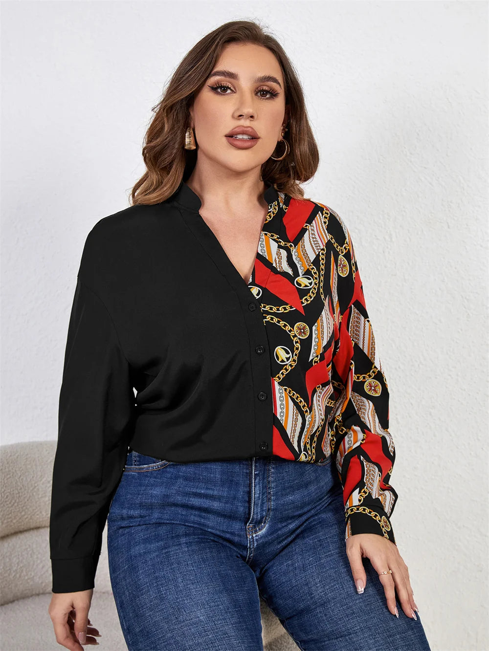 GIBSIE Plus Size Notched Neck Chain Print Colorblock Women Shirts 2023 Spring Fall Fashion High Street Long Sleeve Tops Blouses