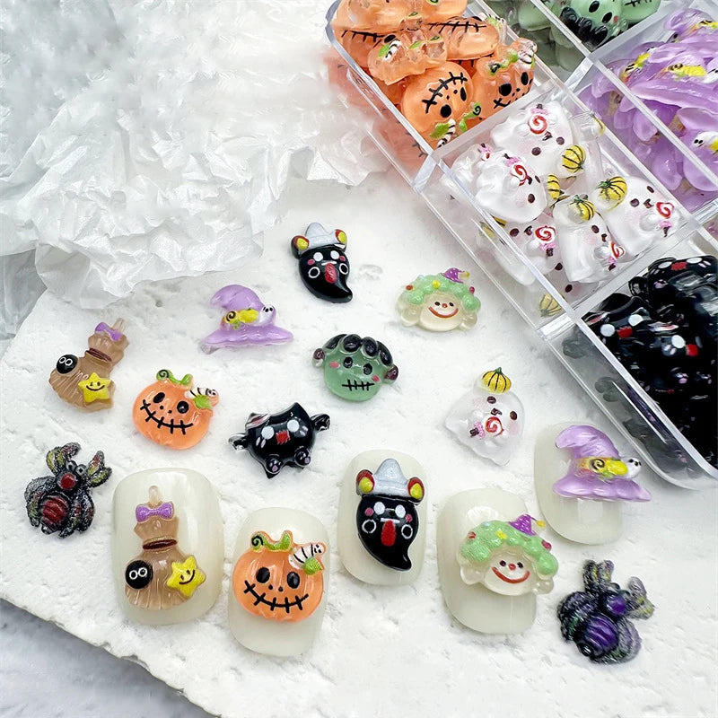 20pcs 3D Cartoon Resin Angel Ghost Tombstone Nail Art Charms Funny Pumpkin Monster Halloween Series Festival Nail Decoration DIY