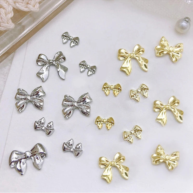 1Bag 3D Silver Gold Bowknot Shaped Nail Charms Metal Alloy Heart Nail Art Rhinestones Manicure Jewelry For DIY Nail Accessories