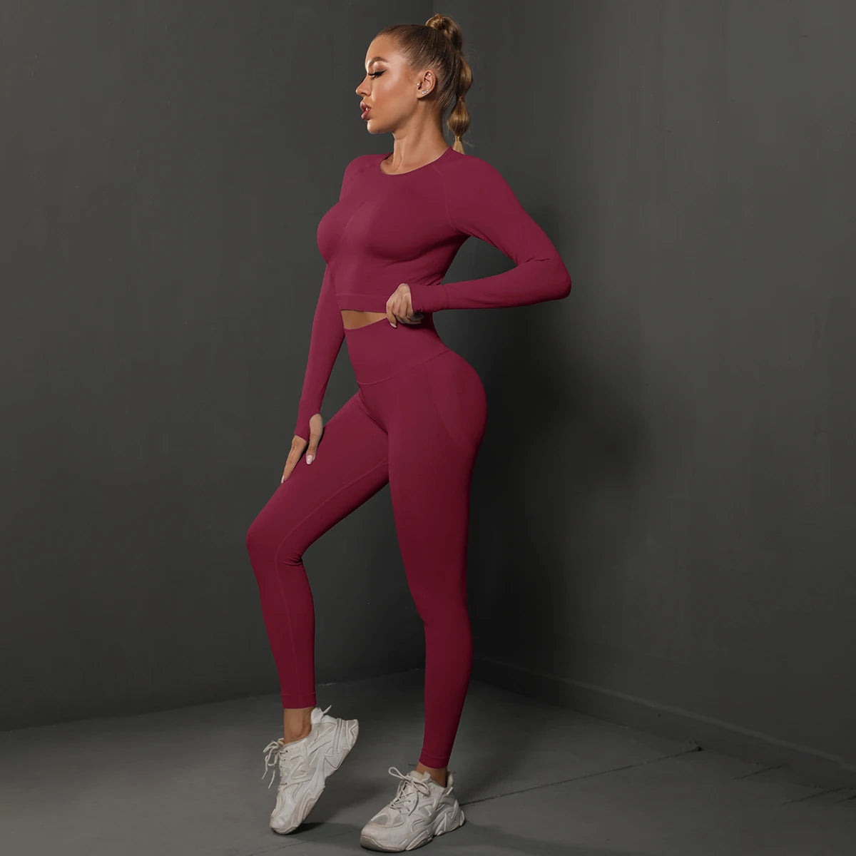 2Pcs Women Sets Energy Seamless Gym Suits Bubble Butt Sports Pants+Long Sleeve Shirts Push Up Running Sets Tracksuits Tights Set