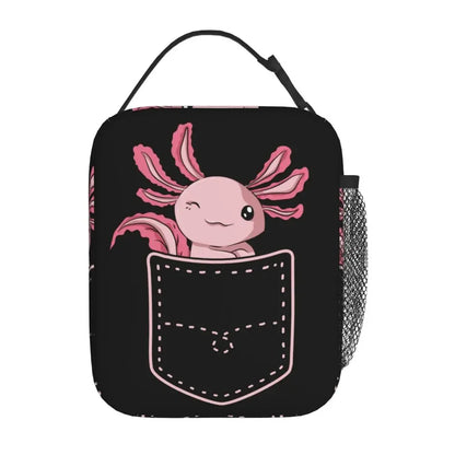 Axolotl In Pocket Insulated Lunch Bags for Women Amphibian Exotic Animal Resuable Thermal Cooler Bento Box Kids School Children