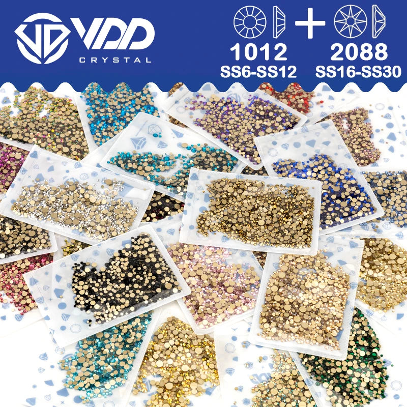 VDD Mix Size SS6-SS30 High Quality Glass 2088 Rhinestones Crystal Gold Flatback Strass Stones For Nail Art Crafts DIY Decoration