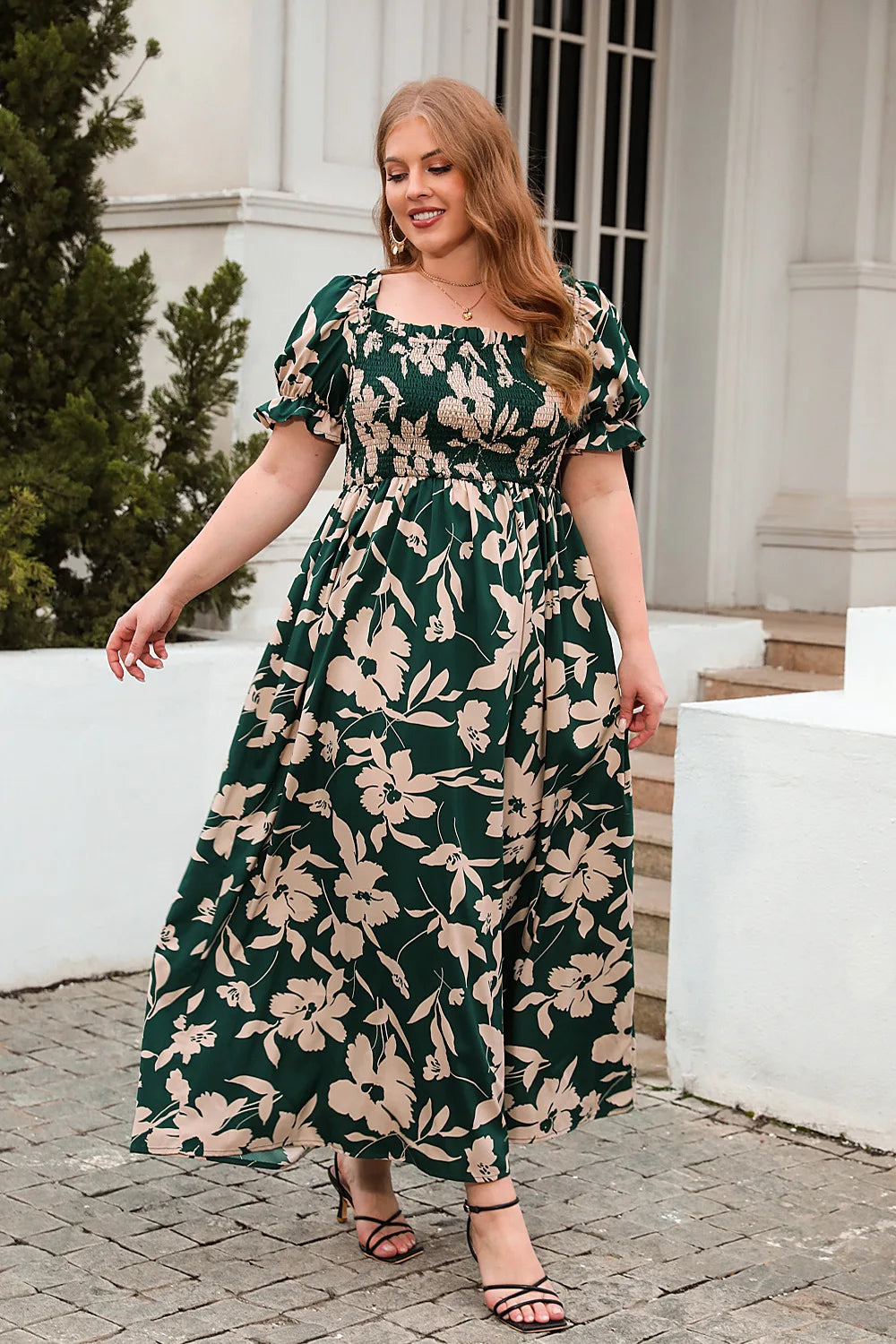 GIBSIE Plus Size Square Neck Floral Print Puff Sleeve Dress Women Summer 2024 Vacation Beach Bohemian Swing Long Maxi Dresses